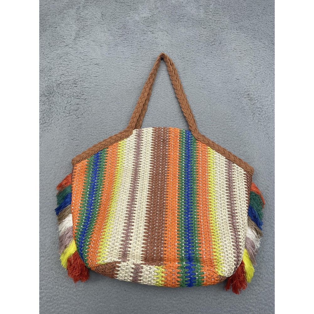 Shade‎ & Shore Crochet Fringe Tote Bag Womens OS Multicolor Striped Boho Beach